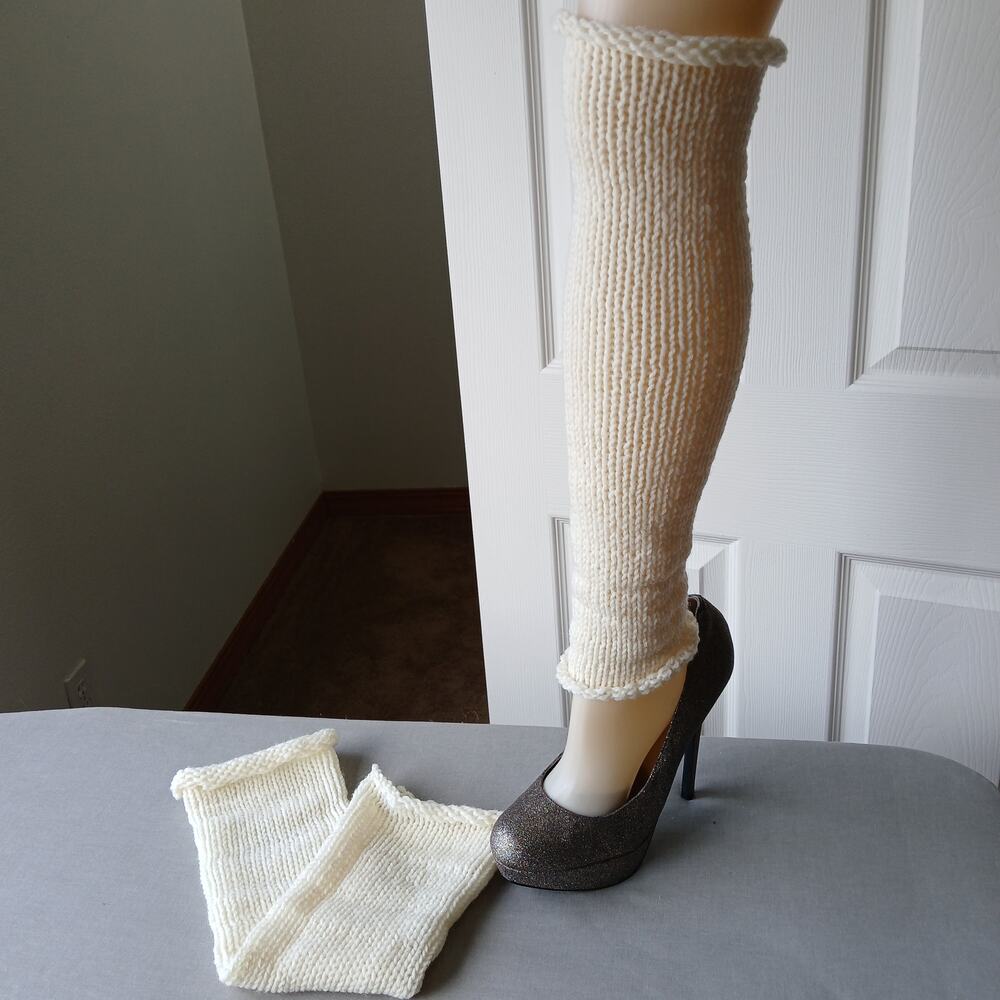 Cream Knit Leg / Arm Warmer roll top handmade OSFA acrylic yarn Ecru